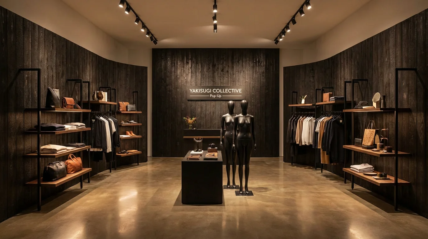 Luxury pop-up store interior with Yakisugi wall cladding and premium product presentation