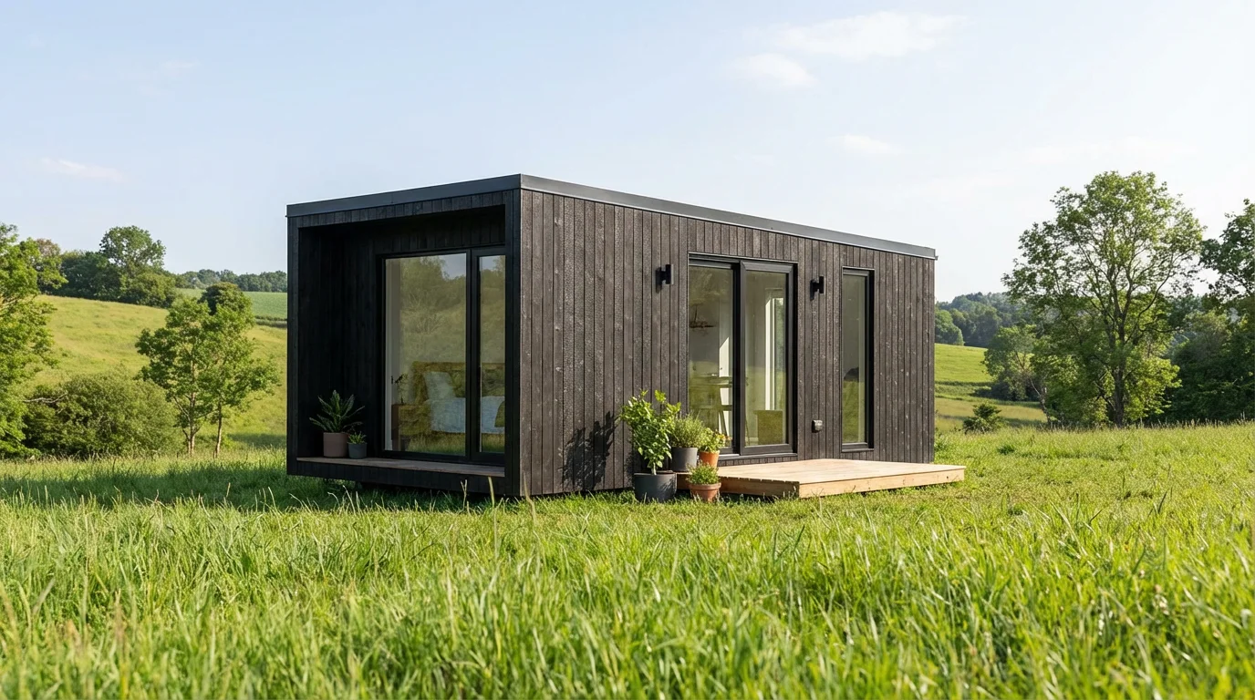 Modern prefab tiny house with Yakisugi facade cladding in natural setting with large windows